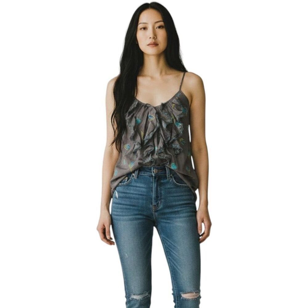 Rebecca Taylor Silk Floral Ruffle Bib Cami Top Gray Blue Rosebud Size 0